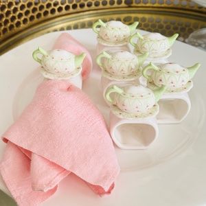 VTG SET OF 6 PORCELAIN FLORAL PINK GREEN TEAPOT NAPKIN RING HOLDERS